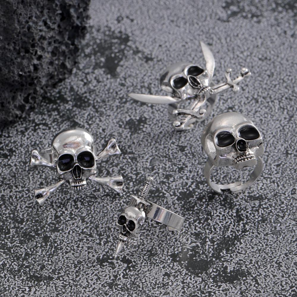 Punk Exaggerated Sliver Color Stereo Skull Open Ring for Men Women Hip-hop Gothic Halloween Party Finger Jewelry Accessory Gift