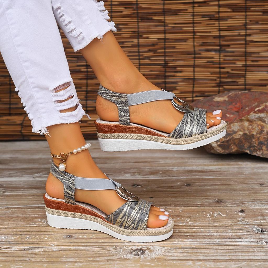 Summer New Slope Heel Sandals Foreign Trade Large Size Fish Mouth Sandals Metal Buckle Hemp Rope Bottom Spot Beach Sandals