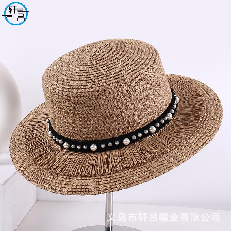 Fluffy Tassel Pearl Flat Top Straw Hat Women Summer Sun Hat British Style Outdoor Beach Cap