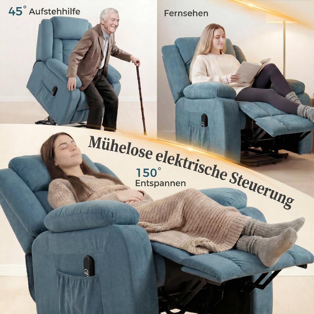Lift Chair with Soft Cover, Recliner Chair with Remote Control and Side Pockets, Blue