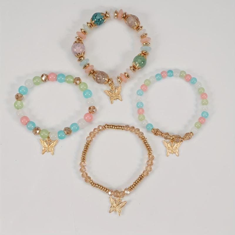 4Pcs Bohemian Butterfly Beaded Bracelets, Crystal Zinc Alloy Pendant, Ladies Daily Party Jewelry