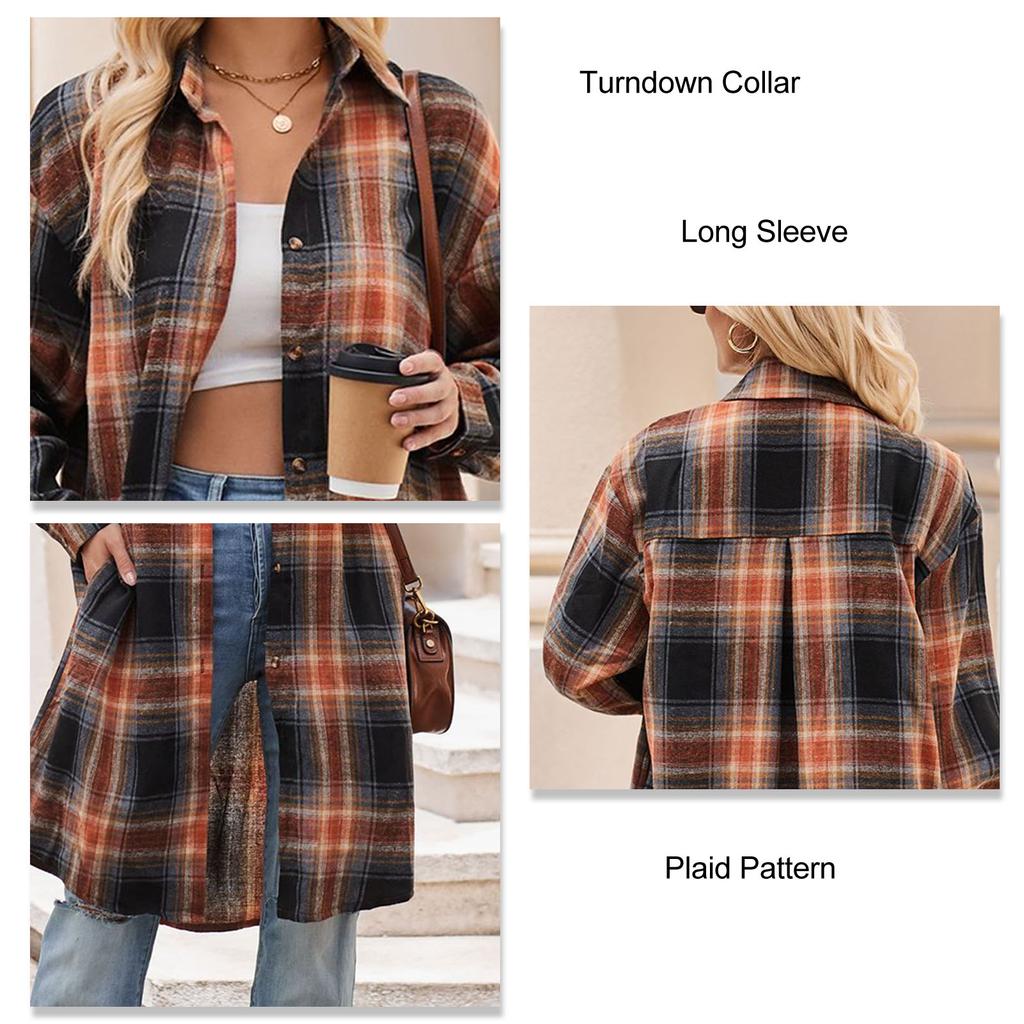 Women Casual Coat Long Sleeve Shacket Turndown Collar Mid Long Plaid Shirt Jacket for Autumn and