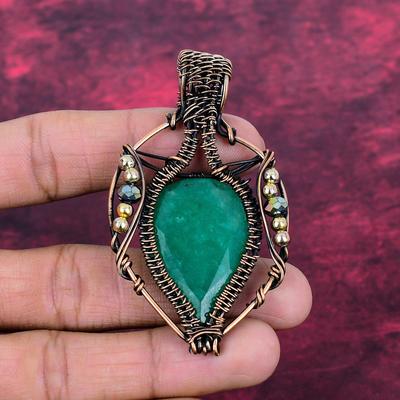 Faceted Zambian Emerald Gemstone Pendant Handmade Copper Wire Wrapped Jewelry