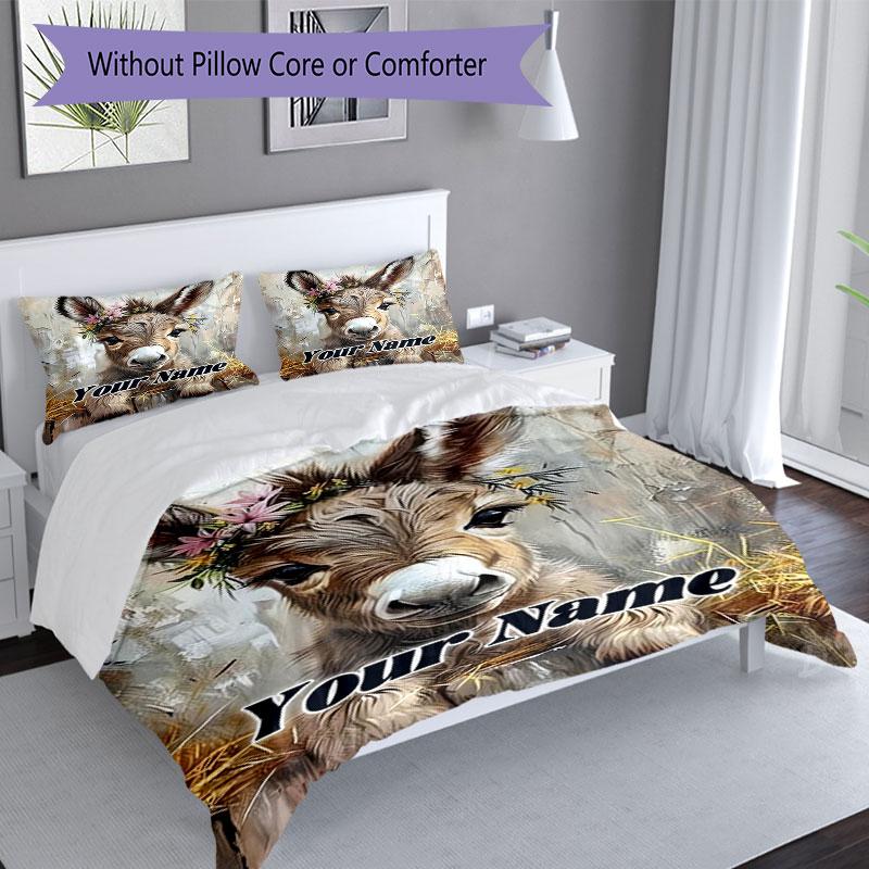 3PC Custom Name Donkey Floral Crown Bedding Set Duvet Cover Closure Includes 1 Duvet Cover & 2 Pillowcases for Bedroom