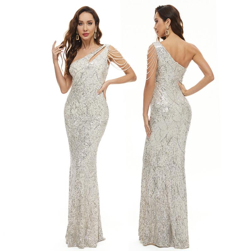 Women's Sexy Sequin Tassel One Shoulder Halter Bodycon Maxi Dress Party Evening Gown Formal Dresses Mermaid Bodycon Cocktail Evening Dress for Women