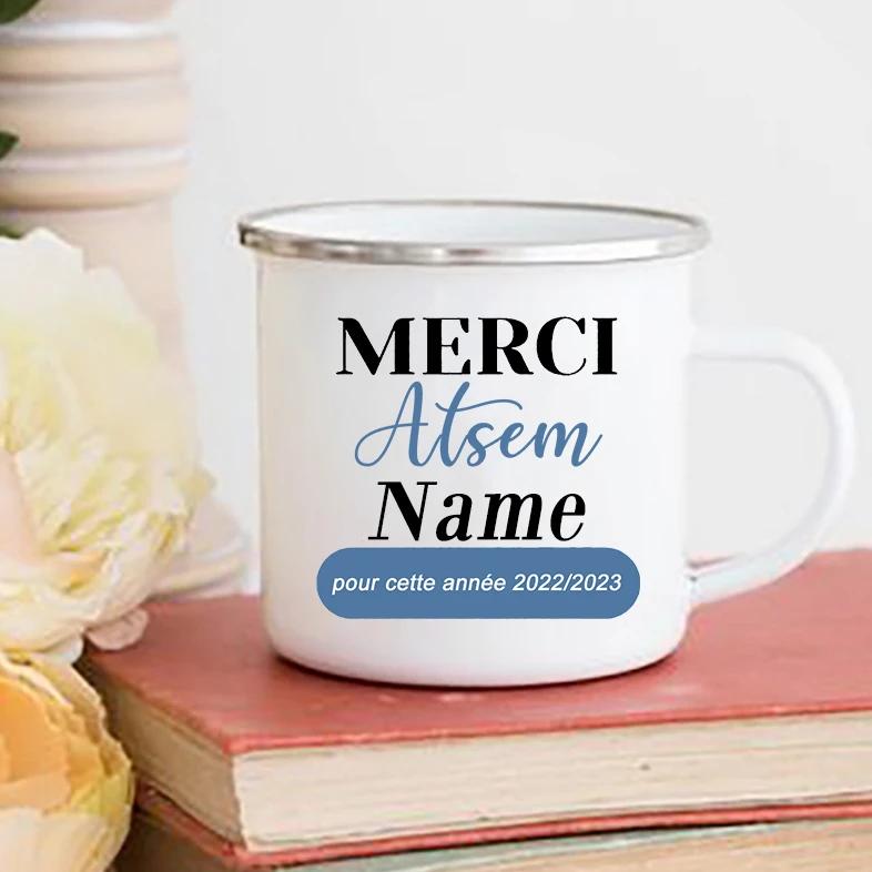 Personalisierte Tassen Kreative Kaffeetassen Trinkwasserbecher Emaille-Tasse Schule Zuhause Henkel Trinkgeschirr Geschenk für Lehrer ATSEM AESH AVS