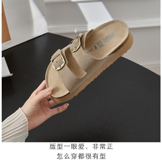 Cowhide Thick-soled Slippers Wear Retro Leather Birkencool Slippers Lazy Muffin Bottom One-word Beach Shoes