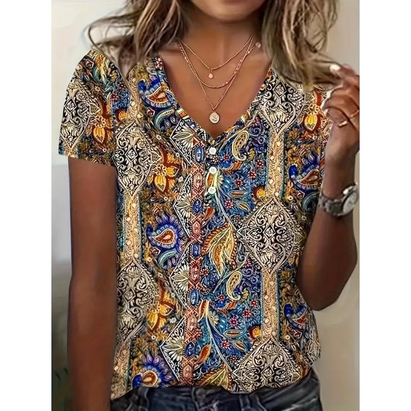 Fashionable Ethnic Style Short Sleeved V-neck Women's T-shirts