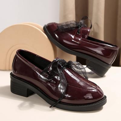 Fashion Patent Leather Med Heels Women Loafers 2024 Fashion Lace Bow Shallow Dress Shoes Woman Comfortable Thick Heeled Slip On Pumps
