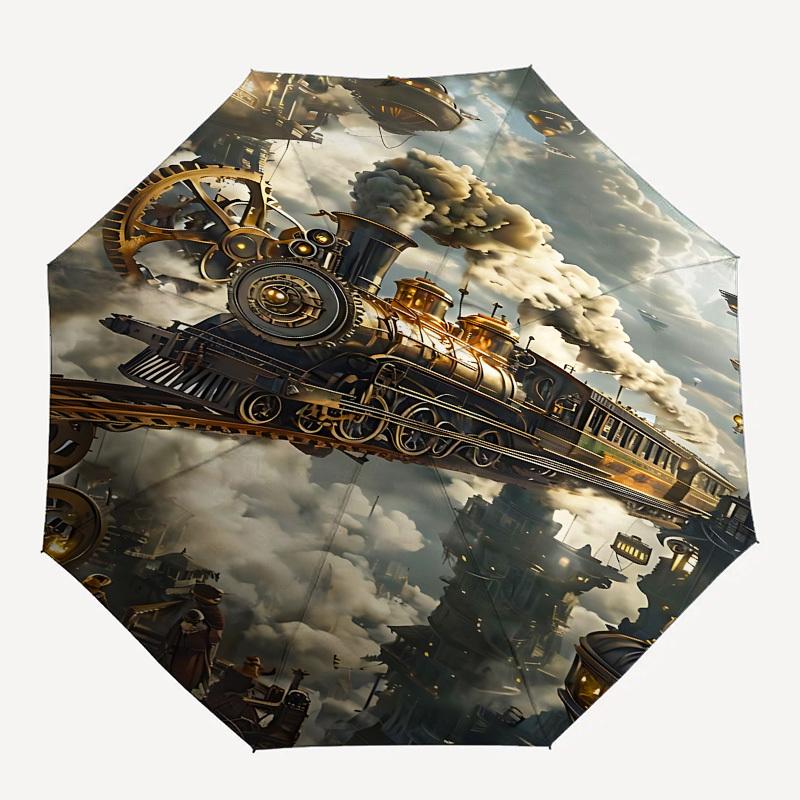 Steampunk, Himmelszug-Thema, Automatischer Öffnungs- und Schließschirm, Helle Farbe, 8-Speichen, Tragbarer Schirm, Geeignet für Männer und Frauen, Ein P