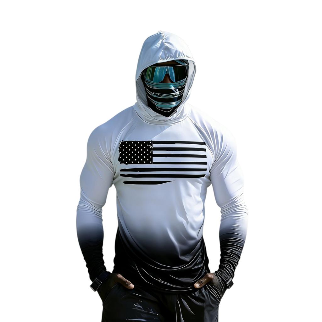 Long Sleeve Hooded Shirt with Face Covering and Flag Print Lightweight Pullover for Outdoor Sports and Activities