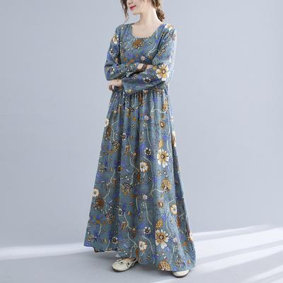 Cotton and Linen Breathable Dress In Spring and Summer Oversized Printed Round Neck Long Sleeve Large Swing Dress