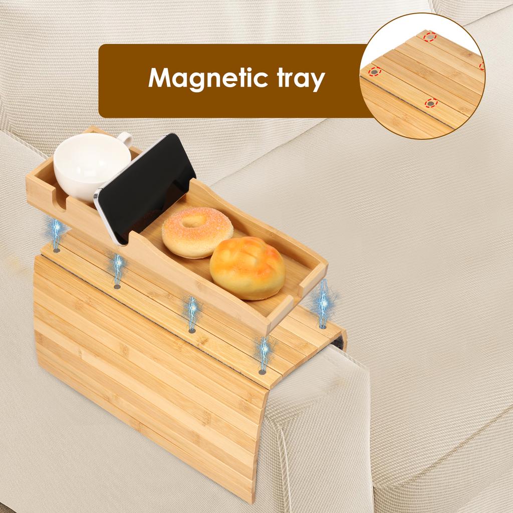 Bamboo Couch Cup Holder Foldable Magnetic Tray Sofa Armrest Tray Table Detachable Couch Arm Snack Holder with Nonslip Pad