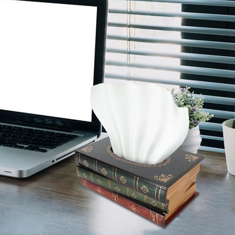 Retro Wood Book Shape Tissue Box Rectangle Napkin Paper Holder Storage Case Tissue Holder Container Home Living Room Decoration