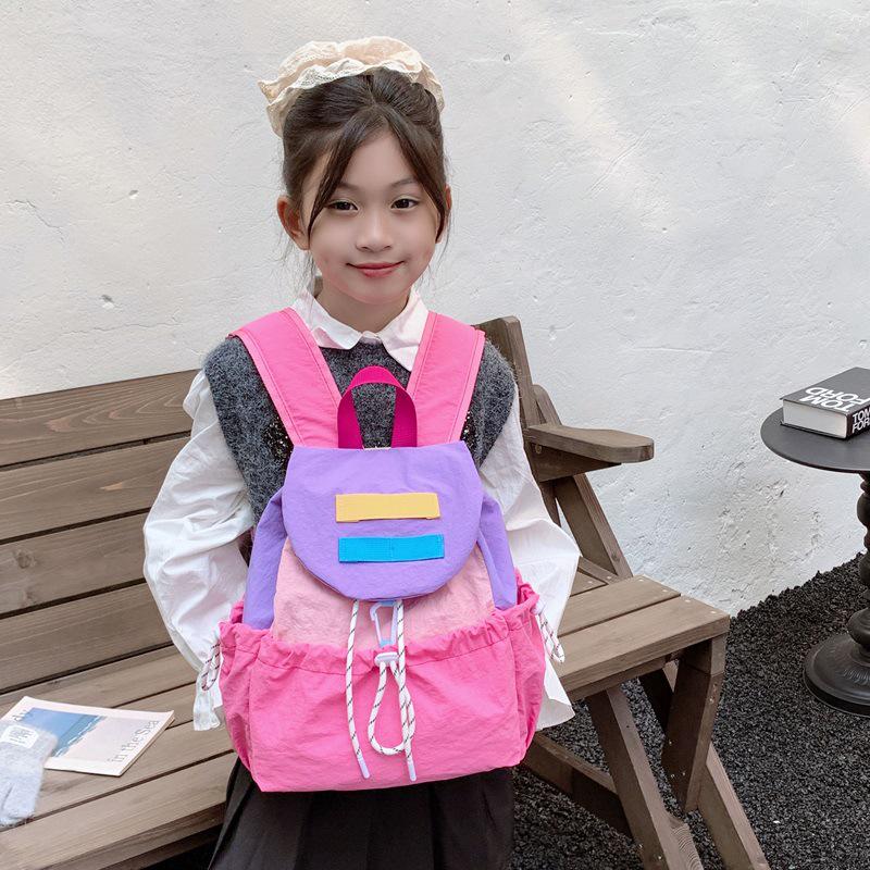 Kids' Lightweight Color Block Backpack: Large Capacity Kindergarten Bag with Drawstring for Boys and Girls