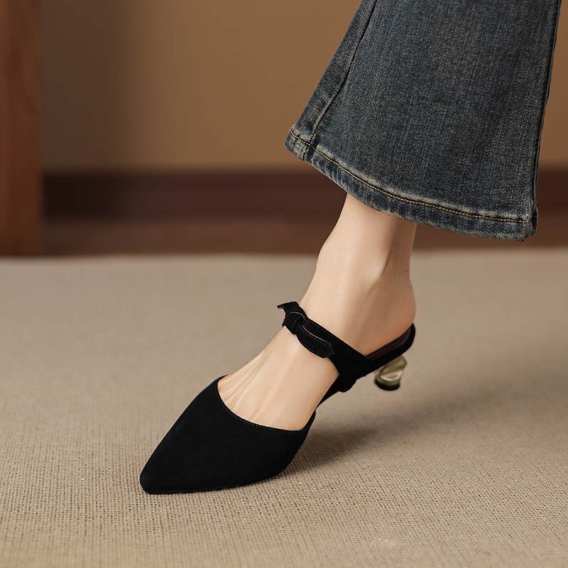 Krazing Pot Suede Butterfly-knot Mules Strange Style Med Heels Summer Size 42 Pointed Toe Slip on Women Shallow Pumps