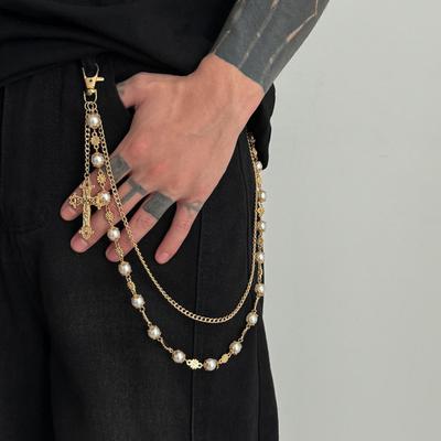 Pants Chain Faux Pearls Metal Flower Decor Wallet Chain Multi-layered Design Hip-hop Style Wallet Chain Wearable Art Accessory