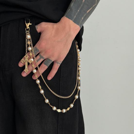 Pants Chain Faux Pearls Metal Flower Decor Wallet Chain Multi-layered