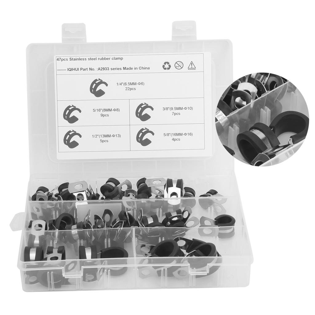 47pcs Cable Clamps Set R Shape 304 Stainless Steel and Rubber Cushion Assortment Kit