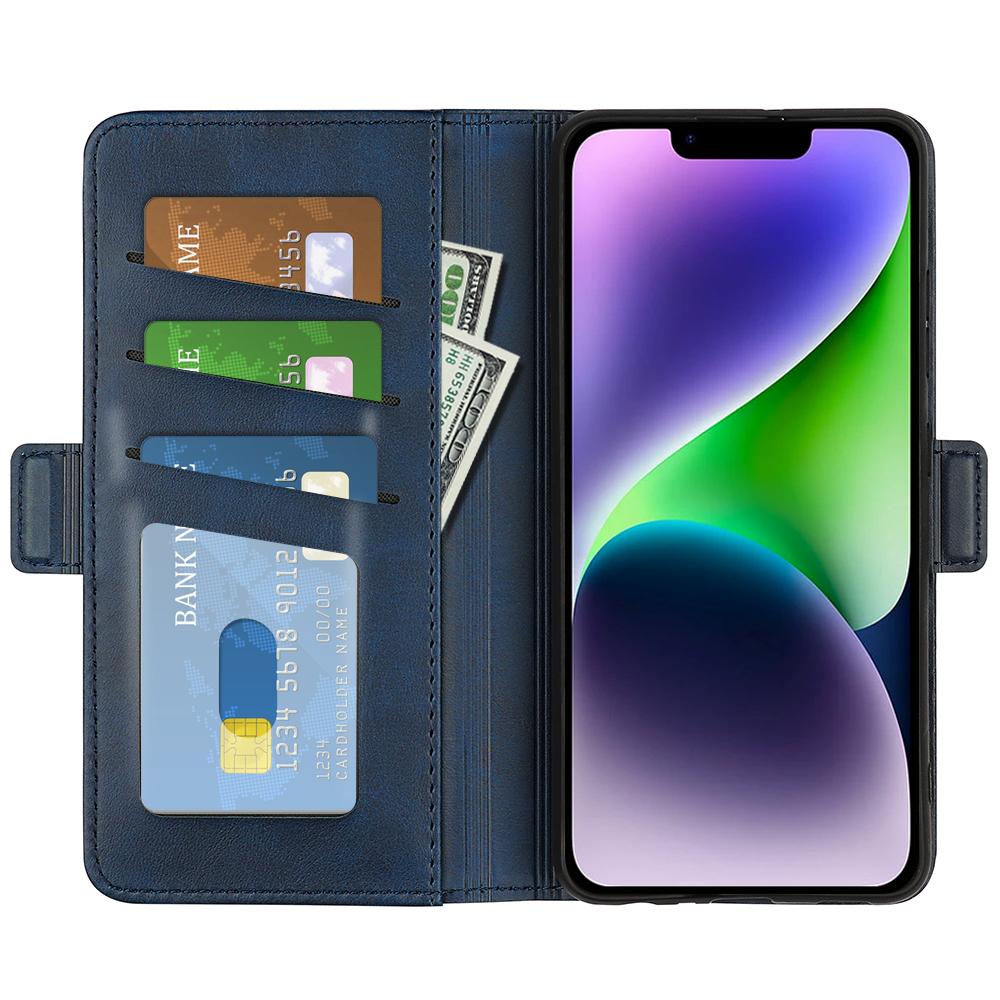 

For iPhone 15 Fully Wrapped PU Leather Wallet Phone Cover Calf Texture Stand Phone Case Blue