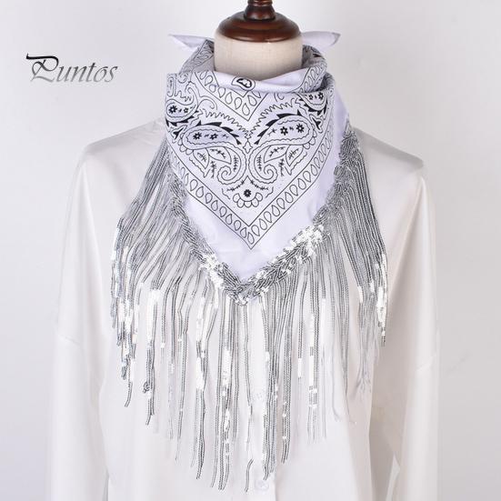 Party Headscarf Sequins Scarf Exquisite Pattern Tassel Design Non-Fading Washable Quick Dry Fringed Bandana Decorative Polyester Women Beautiful for