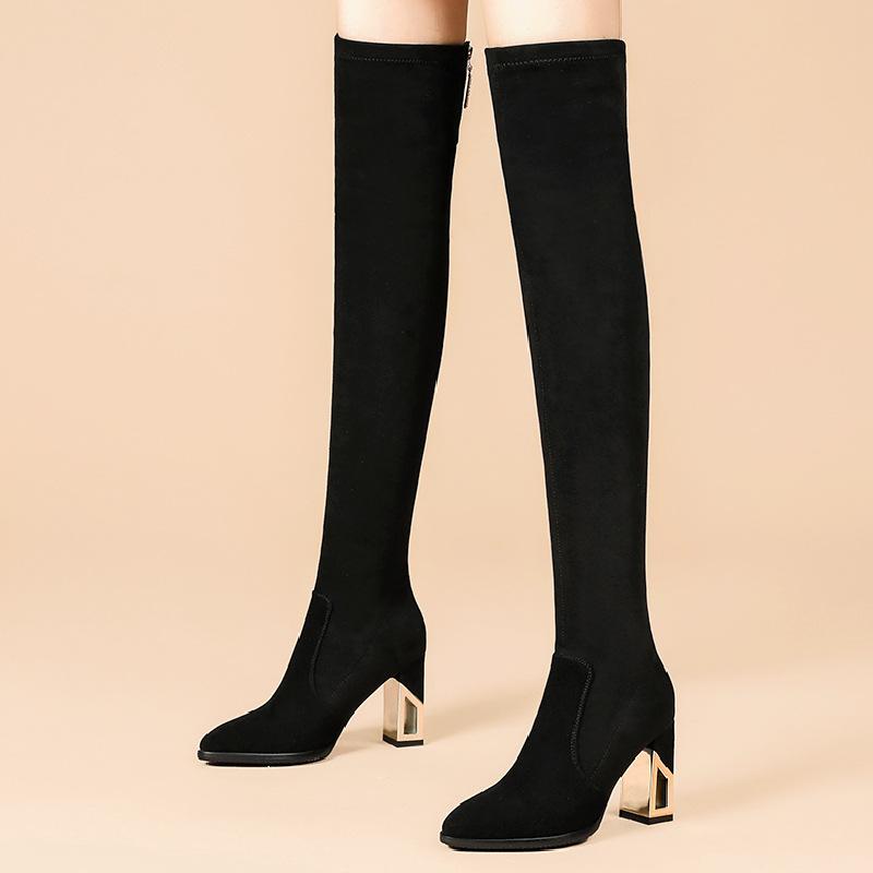 Fashion Stretch Boots Winter Black Velvet Pointed Toe Suede Women Shoes Metal Square Heel Rear Zipper Over The Knee Long Boots