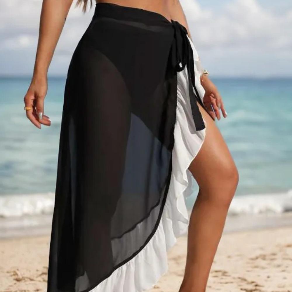 Fattened Plus Size Plavky Dámská Písková plážová sukně Sexy a tenká černá prodyšná dlouhá sukně