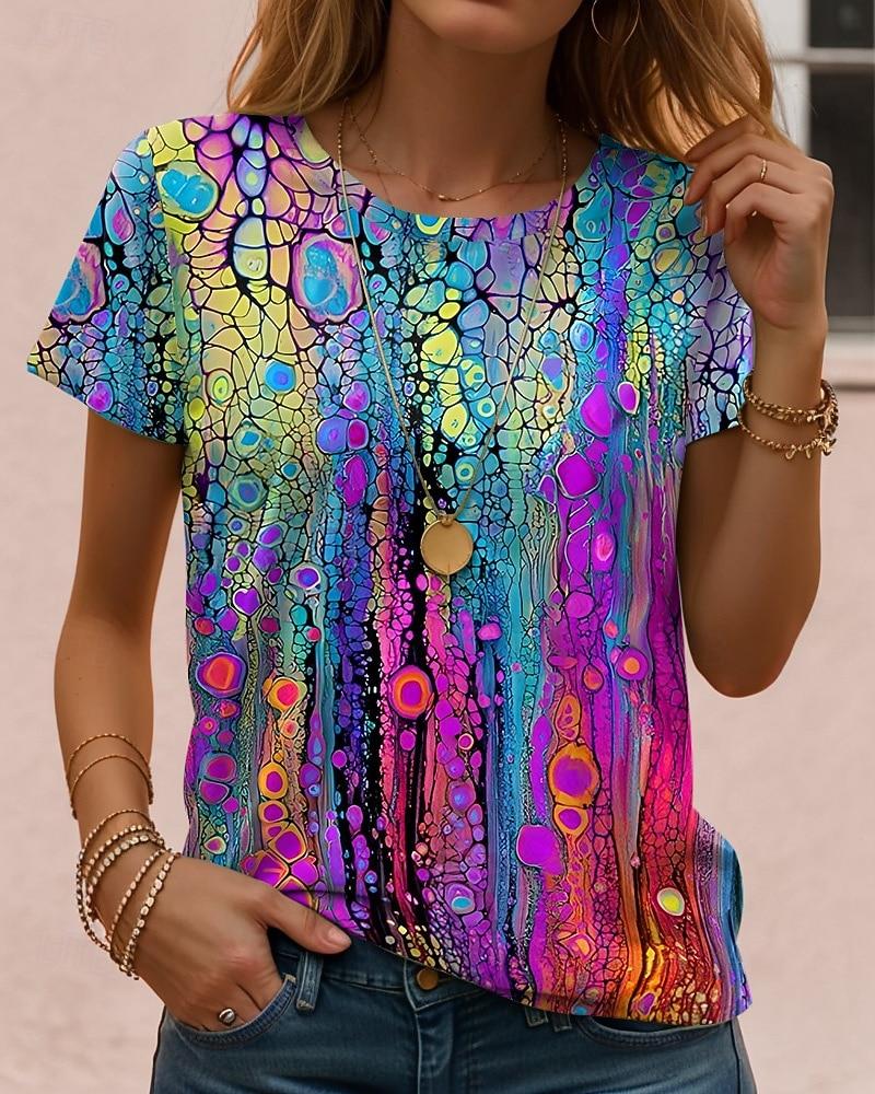 Abstract Art Print Casual T Shirt Crew Neck Short Sleeve Tee For Women Summer Holiday Travel Beach And Daily Outfits