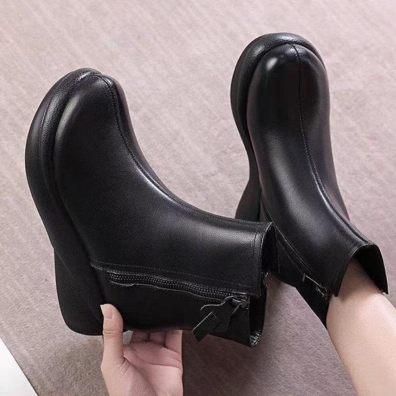 Thick-soled Shoes, Short Boots, Women's Soft Leather Round Toe Flat Bottom Fleece Warm Casual Boots