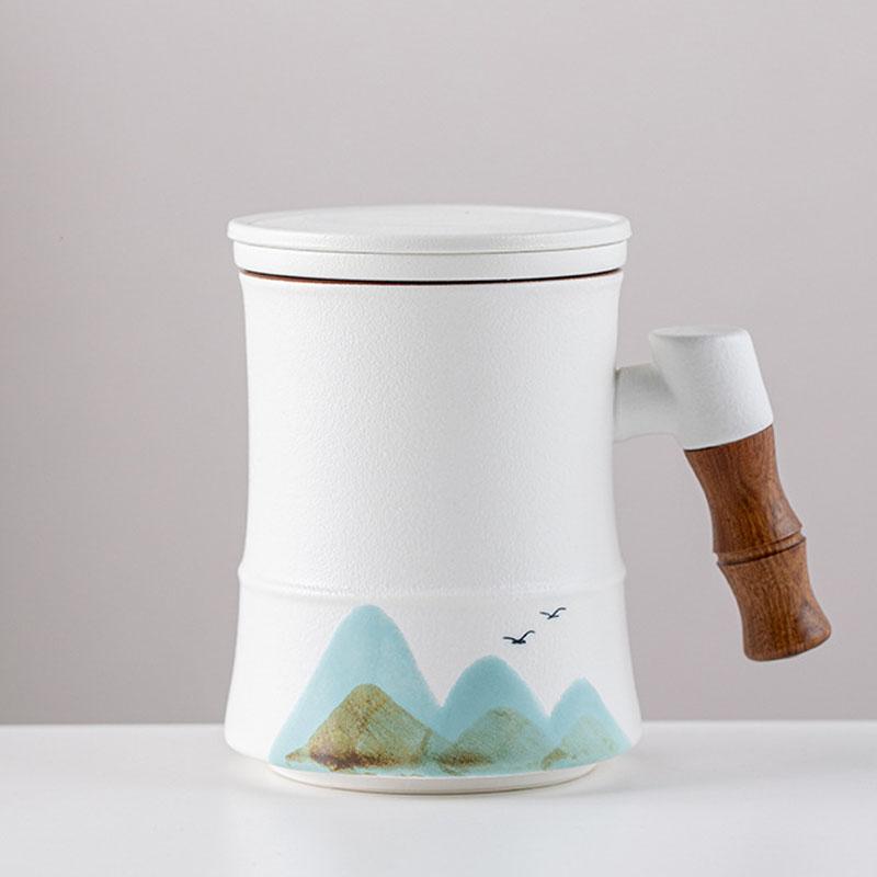400ml Ceramic Tea Mug with Infuser and Lid for Loose Leaf Tea Steeper Mug with Wood Handle Mugs Tea Lovers Gifts
