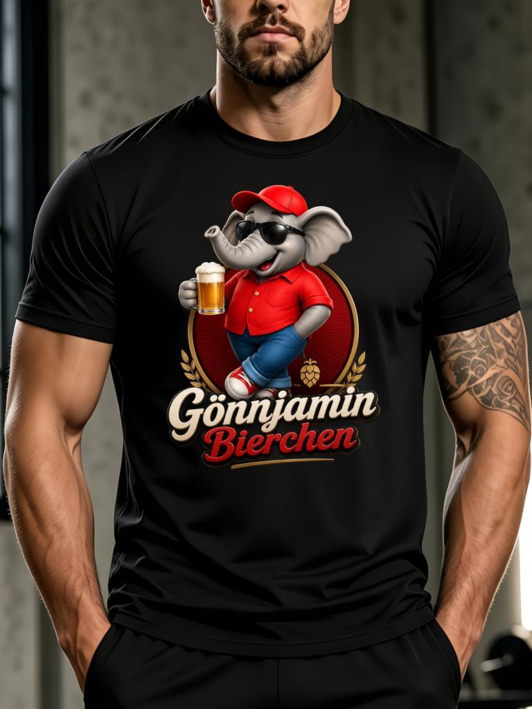Elephant With Beer And Text Gonnjamin Bierchen Crew Neck Casual Short Sve Tee Easy Tee Unisex All Unisex All Tshirt