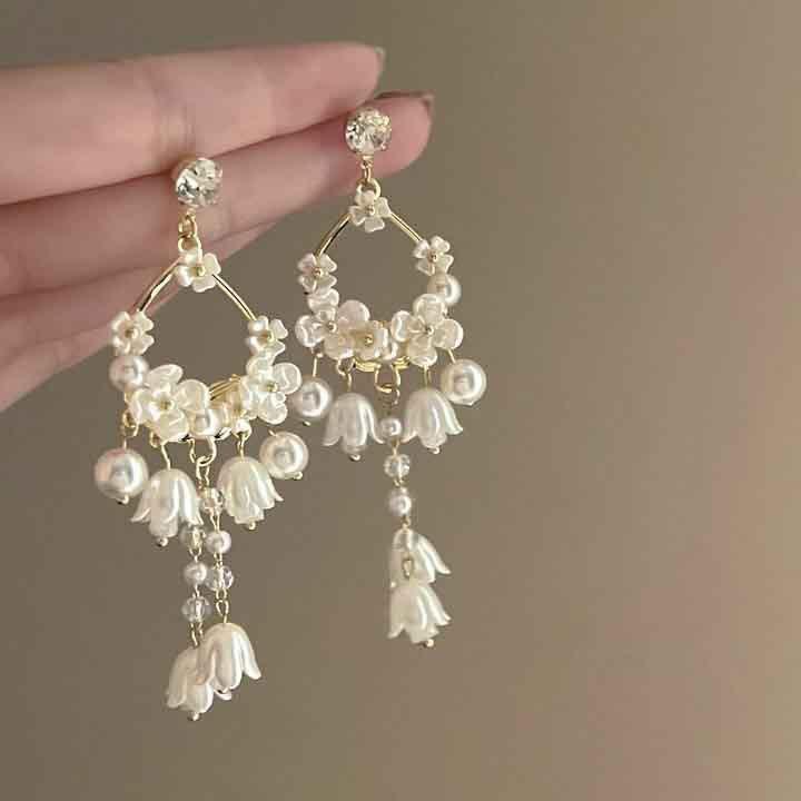 Premium pearl flower fringed earrings 2025 light luxury gentle temperament earrings niche personality earrings women