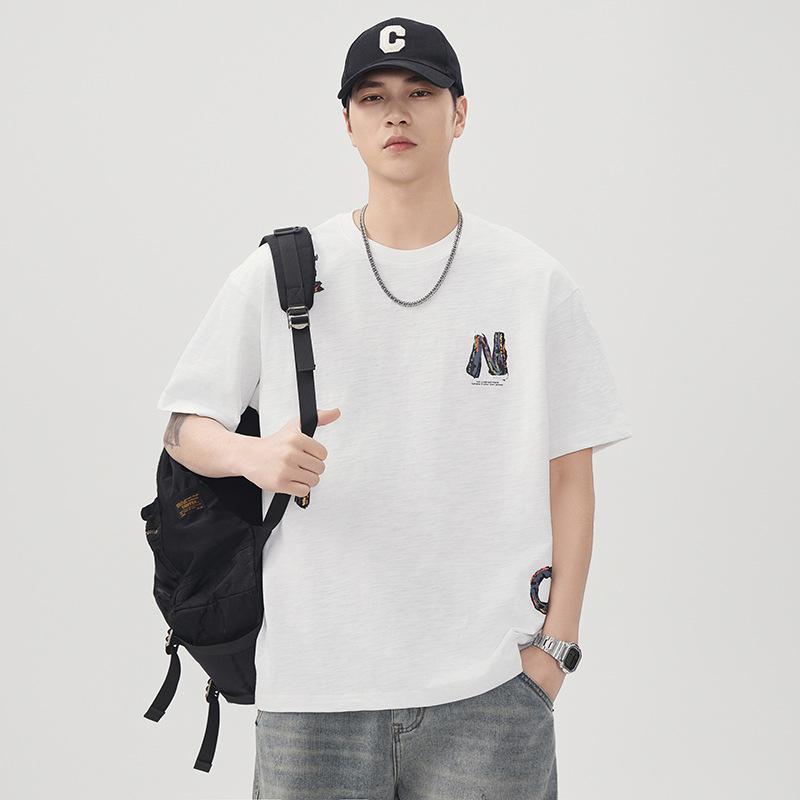 New Summer Loose Short-sleeved T-shirt Men's Printed Pure Cotton Casual Round Neck Top