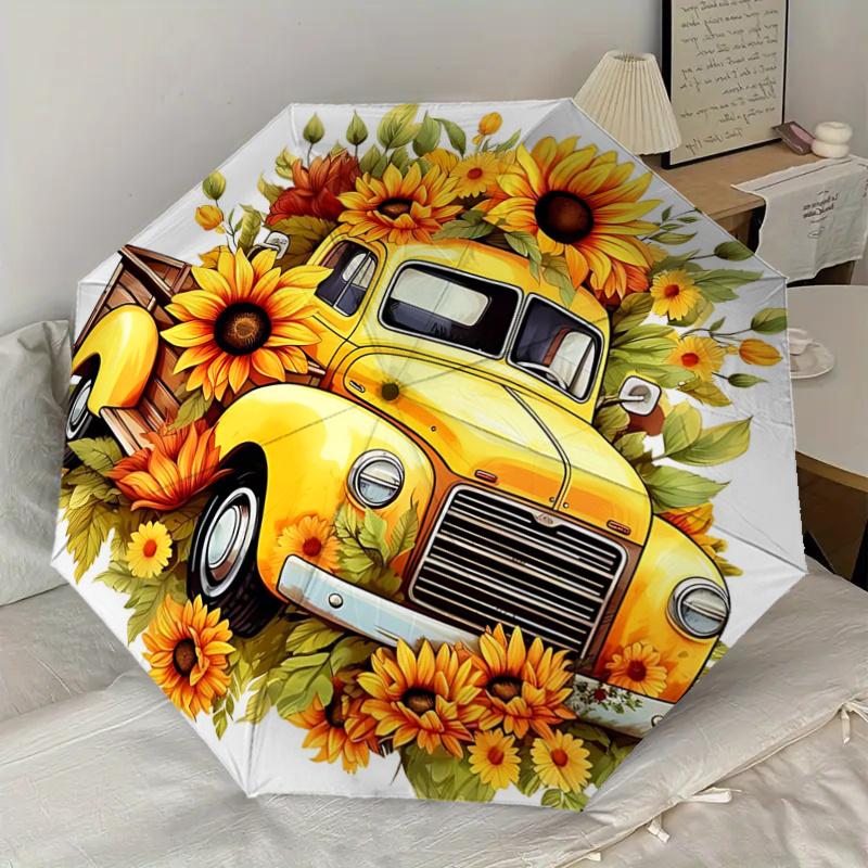 Sunflower Pickup Truck with Automatic Opening Umbrella - Portable Folding Design, 8-Bone Iron Frame Outdoor Umbrella, Ideal Gift for Fans, T
