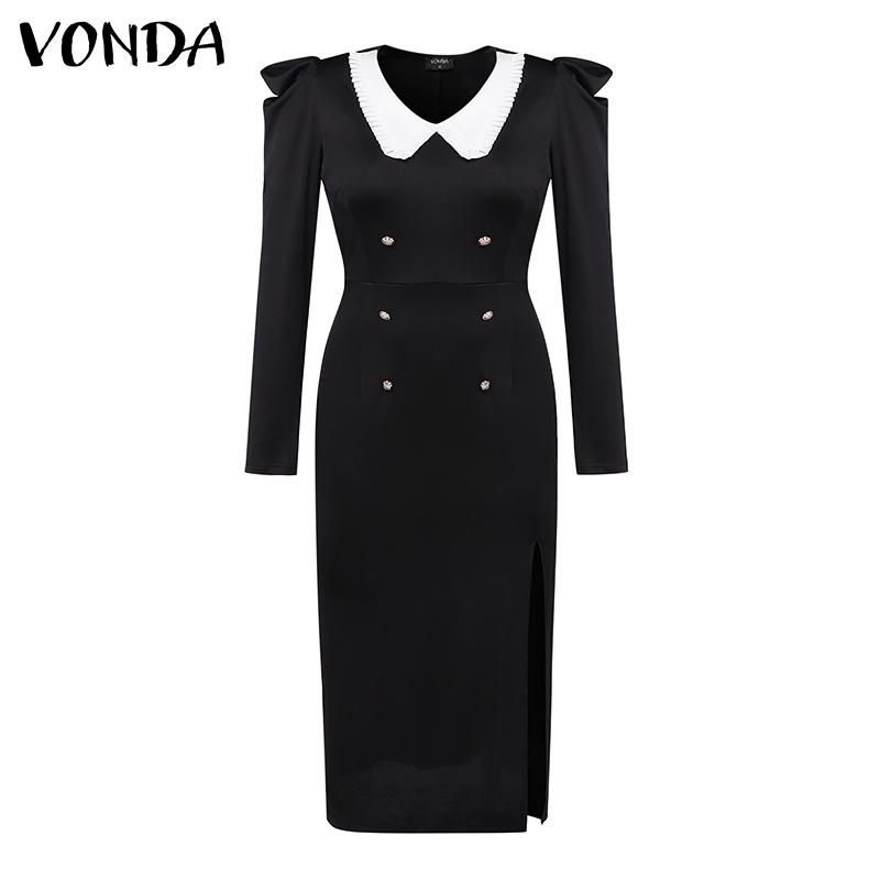 VONDA Women Vintage Lapel Long Sleeve Tight Waist Hip Dresses