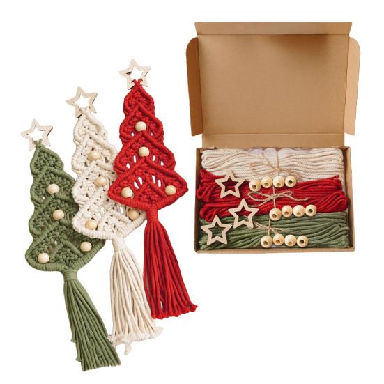 Cotton Rope Christmas Hanging Ornament Bohemia Hand Woven Wall Hanging Decoration with Wood Beads for Christmas Home Door