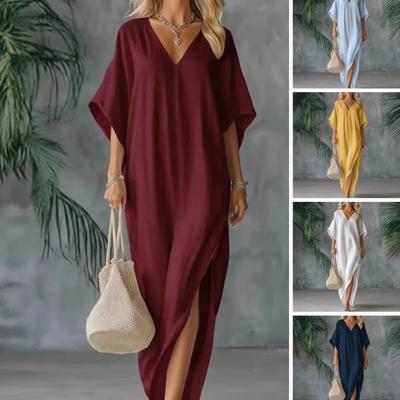 Women Cotton Linen Long Dress Batwing Short Sleeve V Neck Tunic Dress Summer High Slit Flowy Beach Sundress