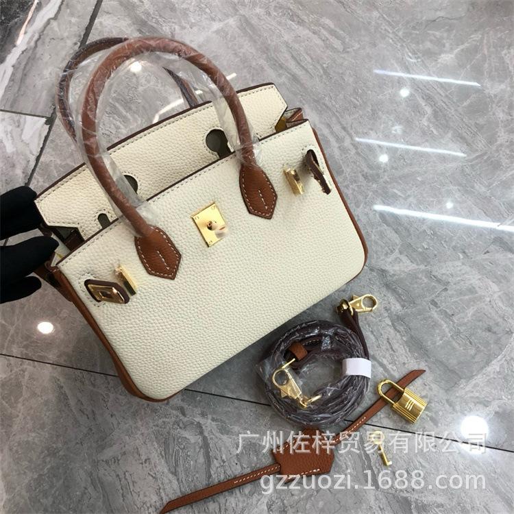 Cross-border Lychee Pattern Color Matching Platinum Bag Cowhide Women's Bag Contrasting Color Handbag Large Capacity Shoulder Crossbody Wedding Bag