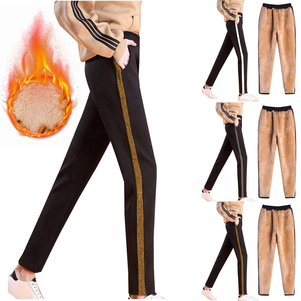 Women Thermal Fleece Pockets Thickened Fleece Lined Casual Sports Trousers Pants