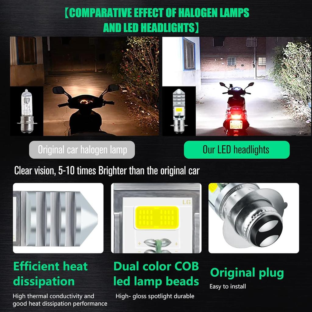 2Pcs 9-48V ATV LED Bulbs White,1800LM Hi-Lo Beam 4COBs H6M P15D LED Bulbs for or Motorcycle,Y amaha,ATVS Y FM350 450 400 660 700 Raptor.