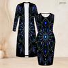 Women Plus Size Printed Two Piece Set Long Sleeve Open Front Cardigan Sleeveless Bodycon Dress