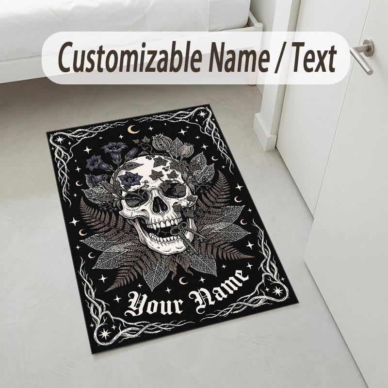 Skull Floral Theme Soft Crystal Velvet Rug Custom Name & Text Print Non Slip Floor Rug for Bedroom Living Room