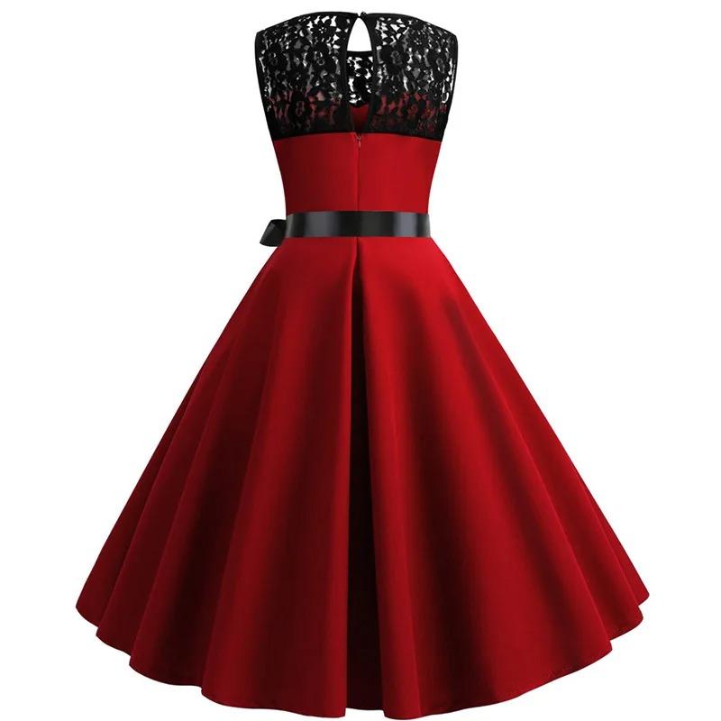 Blue Lace Patchwork Summer Women Elegant Vintage Party Dress Casual Office Ladies Dress