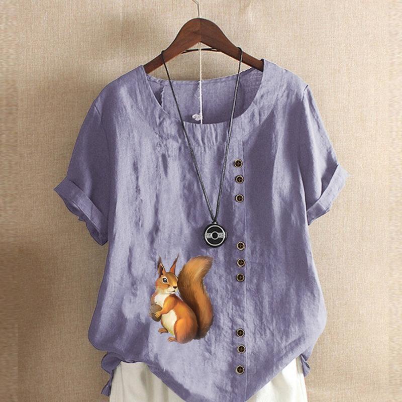 Women's Fashion Round Neck Short Sleeve T-shirt Casual Cotton Linen Graphic Shirt Leisure Loose Squirrel Prined Summer Blouse Tops