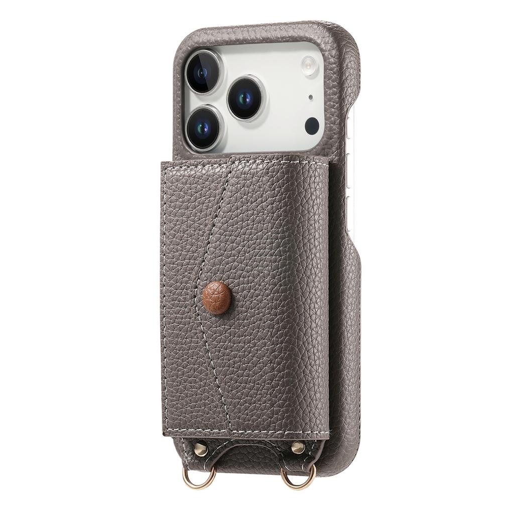 For iPhone 17 Pro Max Case Card Holder Kickstand PU Leather + PC Phone Cover with Mirror and Crossbody Lanyard