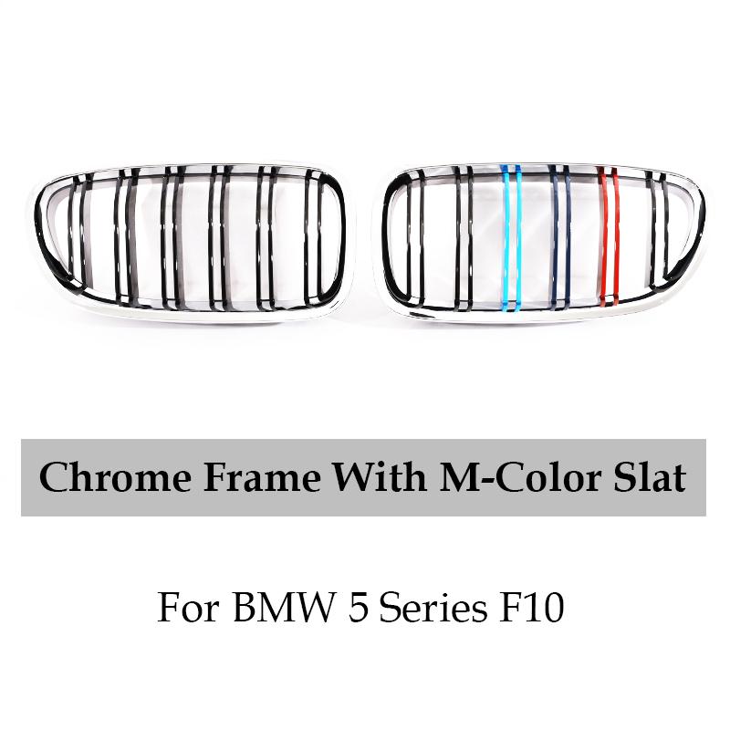 AAAOT1 Silver Chrome Frame Double Slat Kindey Grille Front M Color Racing Grill For BMW 5 Series F10 F11 520i 535i 530i 540i 2010-2017