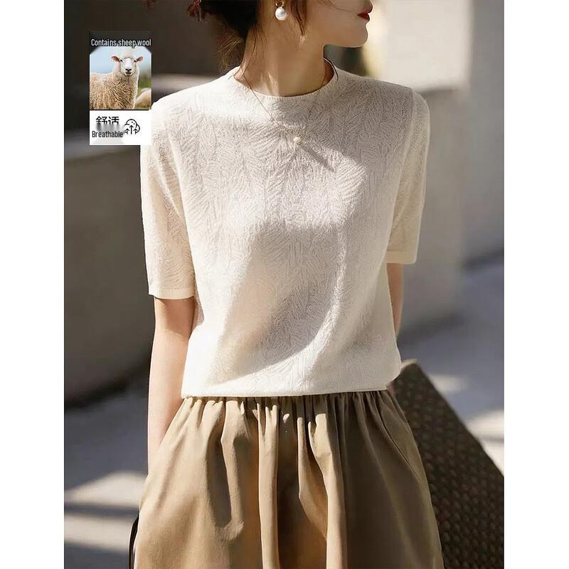 Women s Semi-High Collar Leaf Jacquard Half-Sleeve Knit Top S