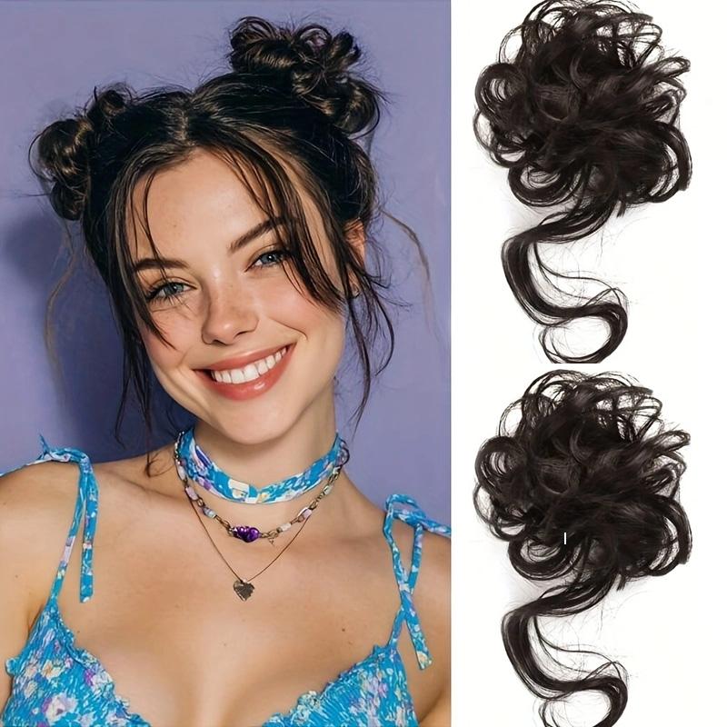 

Мини-растрепанные волосы, пучок, волнистые вьющиеся резинки для волос, синтетический шиньон, хвост, накладные волосы, густые накладные волосы для женщин, черные, коричневые 2PC