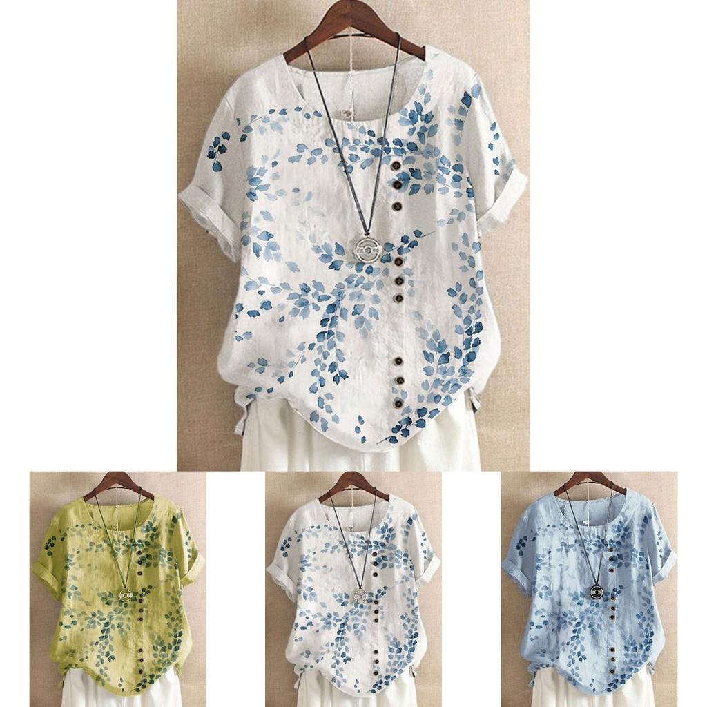 Women's Cotton Linen Floral Blouse With Short Sleeves For Summer Comfort