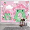 Frog Mushroom Strawberry Tapestry, Pink Cute Room Decor Aesthetic Wall Hanging Bedding Aesthetic Tapestry, Room Decor For Girls